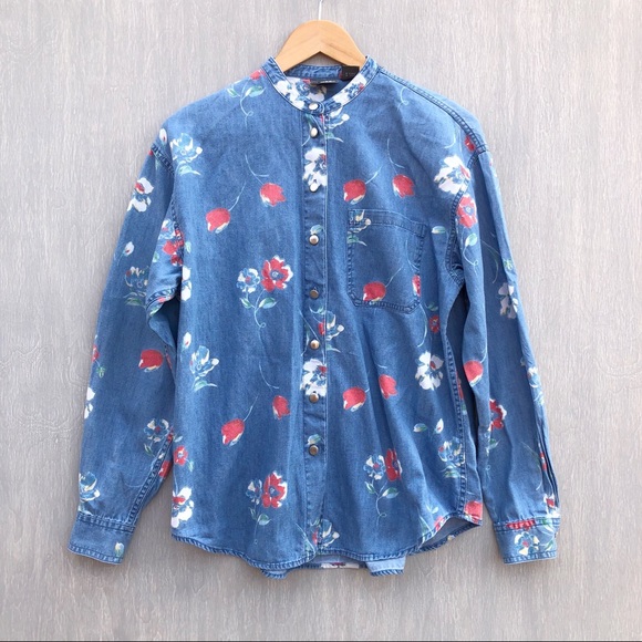 Vintage Tops - Vintage floral denim button down mandarin collar M